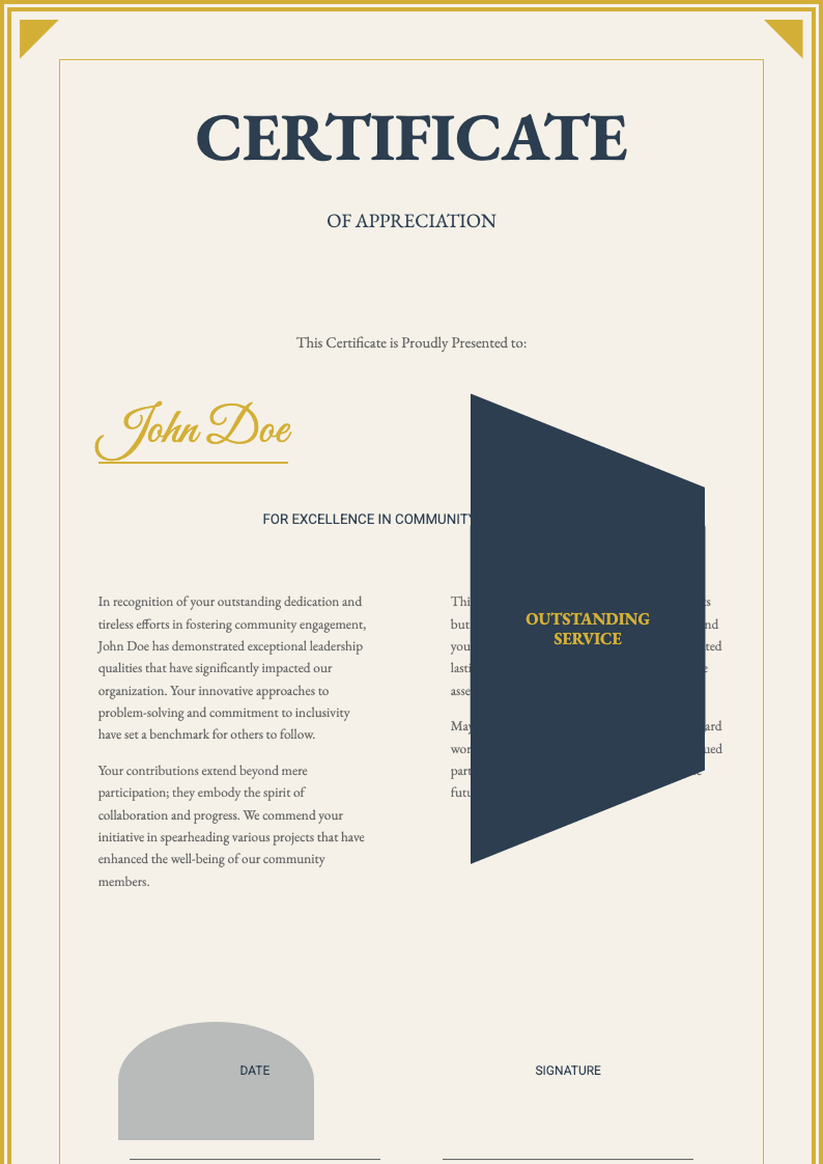 Elegant certificate of appreciation with gold blue ribbon and best award seal_variant_1